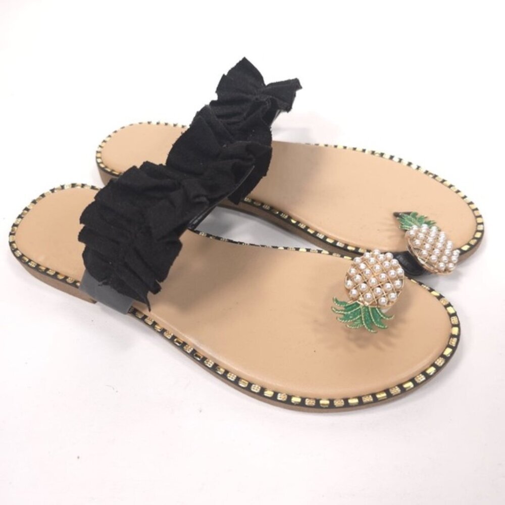 NWOB Women's Pineapple Pearl Rhinestone Beach Slides Flat Toe Sandal Size 40